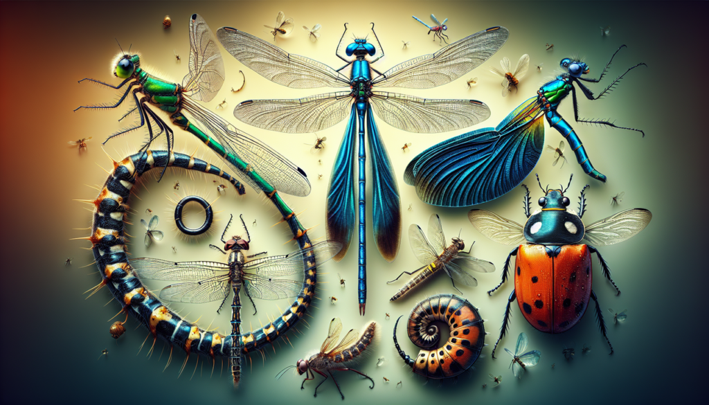 Insectes macro en D détaillés et vibrants : Demoiselle, Dragon d'eau, Doryphore.