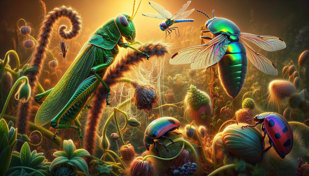 Insecte en G : Grasshopper, beetle, dragonfly. Texture détaillée sur fond flou.