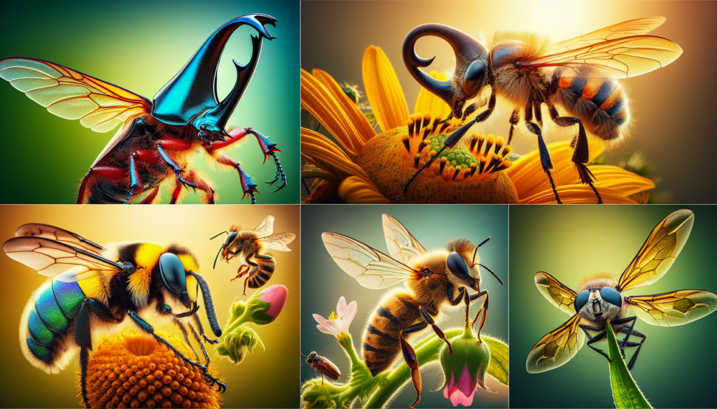 Insecte en H variés en gros plan captés avec détails, couleurs et textures vives sur fond naturel.