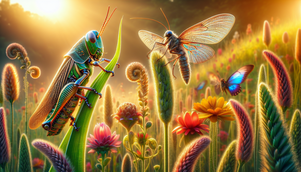 Insecte en S : sauterelle sur herbe, scarabée brillant, sphinx papillon, arrière-plan flou.